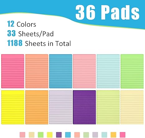 36 Pads Lined Sticky Notes, Sticky Note Pads 4x6 inches, 12 Bright Color Sticky Notes with Lines Self-Stick Note Pads, Perfect for Office Home,School
