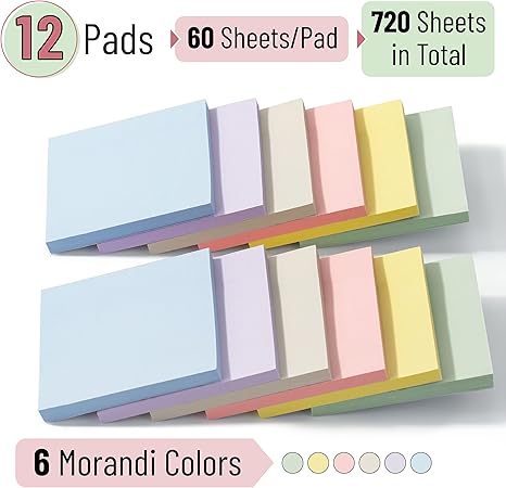 Bulk Sticky Notes, Morandi Colors Self-Stick Aesthetic, Colorful, 3”x3”, 12 Pads, Back to School Supplies