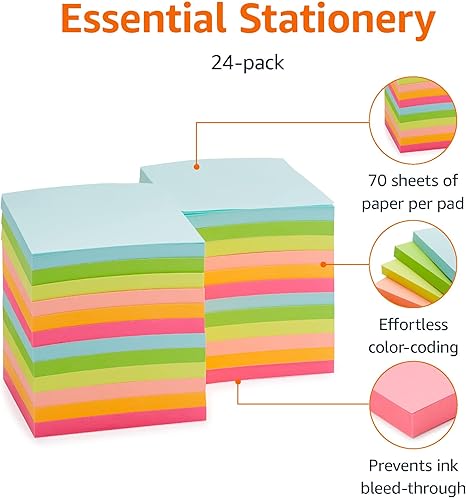 Sticky Notes, Office Supplies for Desk, 3-x-3-inch, 24-Pack, Assorted Colors