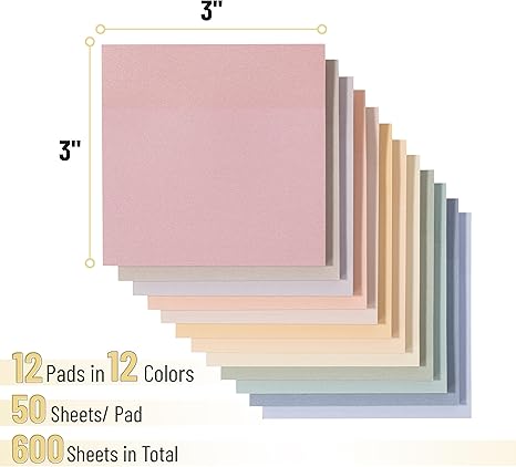 Sticky Notes, 3”x3”, 12 Pads, 600 Sheets, 12 Soft Vintage Color Sticky Notes 3x3