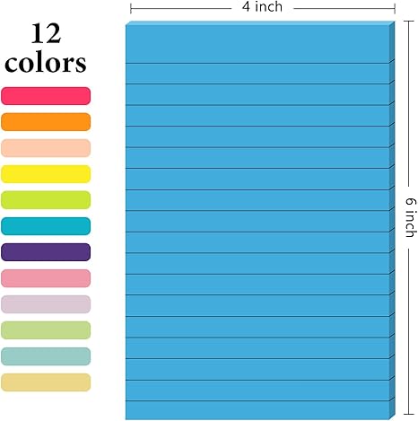 12 Pack Lined Sticky Notes 4x6 Sticky Note with Lines Self-Stick Note Pads 12 Bright Multi Colors Big Rectangular Sticky Notes for Office,Home,School, Meeting, 33 Sheet/Pad