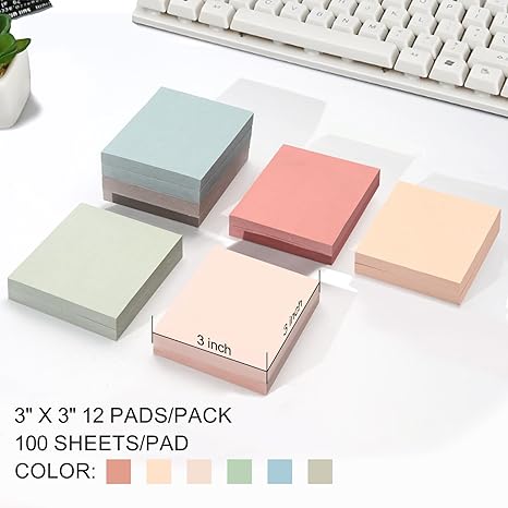 Sticky Notes 3”x3”12 Pads, Pastel Colors Sticky Notes, Sticky Note, Self-Stick Note Pads, Sticky Pads Sticky Notes Aesthetic, Sticky Notes Bulk，100 Sheets/pad