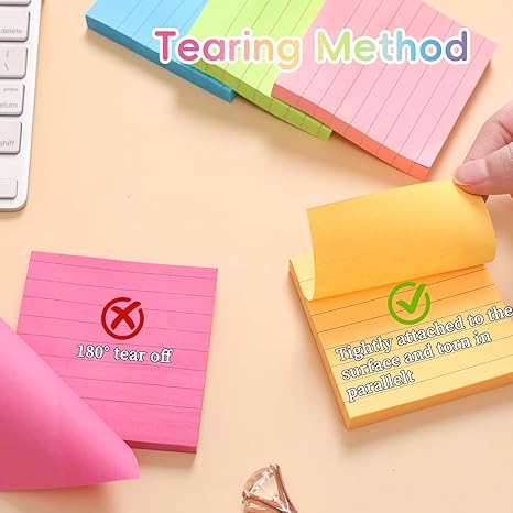 8 Pads Lined Sticky Notes, 3x3 Inches Super Adhesive Memo Pads, 100 Sheets/pad, Rainbow Sticky Notes, Easy to Post Notes for Study, Works, and Daily Life