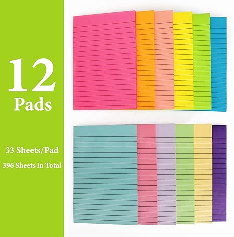 12 Pack Lined Sticky Notes 4x6 Sticky Note with Lines Self-Stick Note Pads 12 Bright Multi Colors Big Rectangular Sticky Notes for Office,Home,School, Meeting, 33 Sheet/Pad