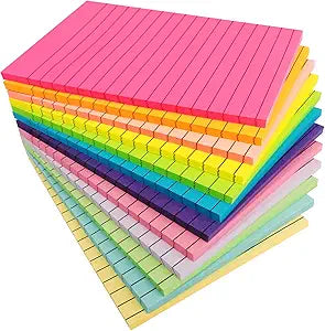 12 Pack Lined Sticky Notes 4x6 Sticky Note with Lines Self-Stick Note Pads 12 Bright Multi Colors Big Rectangular Sticky Notes for Office,Home,School, Meeting, 33 Sheet/Pad