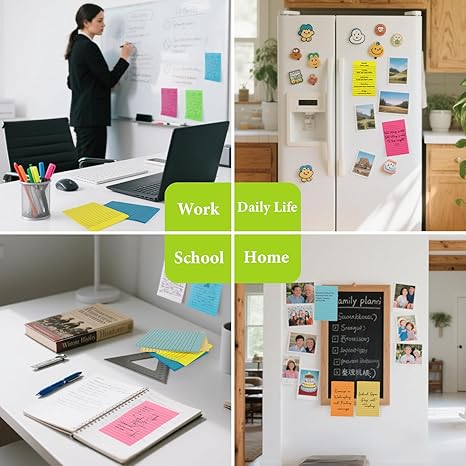 12 Pack Lined Sticky Notes 4x6 Sticky Note with Lines Self-Stick Note Pads 12 Bright Multi Colors Big Rectangular Sticky Notes for Office,Home,School, Meeting, 33 Sheet/Pad
