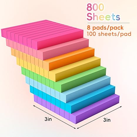 8 Pads Lined Sticky Notes, 3x3 Inches Super Adhesive Memo Pads, 100 Sheets/pad, Rainbow Sticky Notes, Easy to Post Notes for Study, Works, and Daily Life
