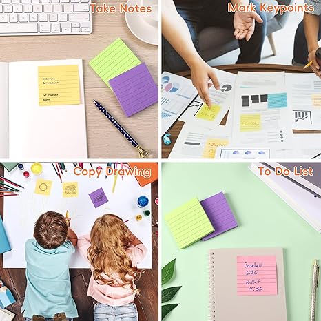 8 Pads Lined Sticky Notes, 3x3 Inches Super Adhesive Memo Pads, 100 Sheets/pad, Rainbow Sticky Notes, Easy to Post Notes for Study, Works, and Daily Life